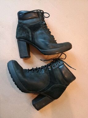Timberland Black Boots Women's Sz 8 Camdale Suede Mixed Media Heeled Combat Moto